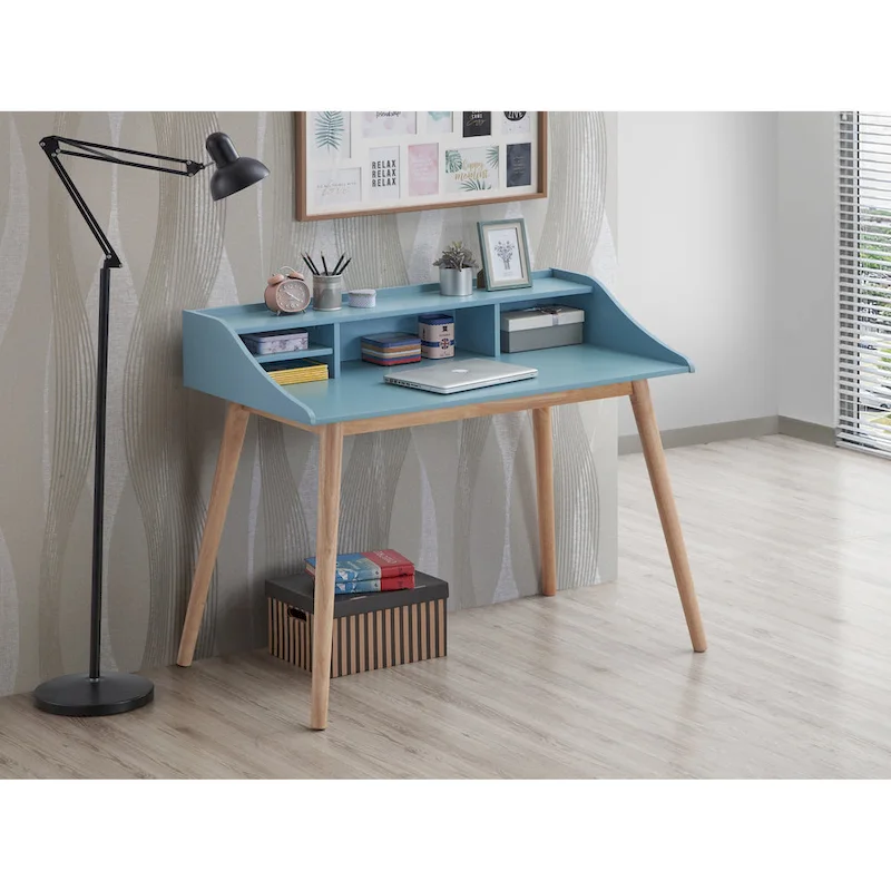 Blue Mid-Century Modern Wood Writing Desk with Hutch – 1 Person