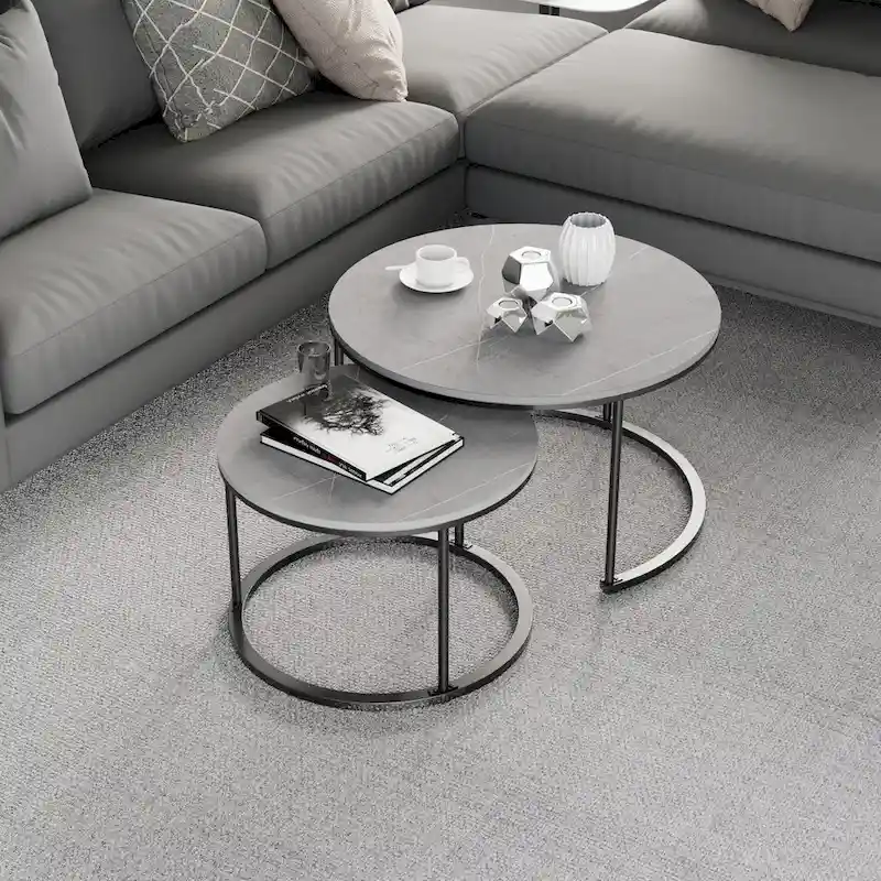 Nesting Coffee Table Black Metal Frame with Round Sintered Stone Top - 31.5x17.7 inch