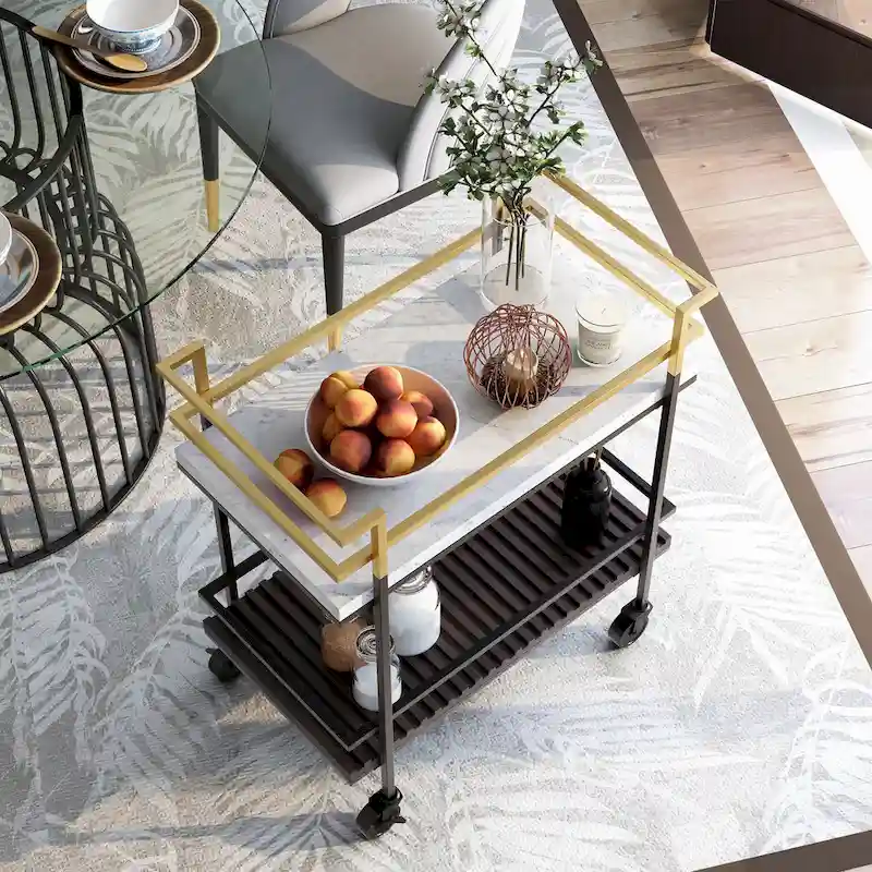Faux White Marble & Walnut 2-Shelf Serving Cart, Black/Gold Frame