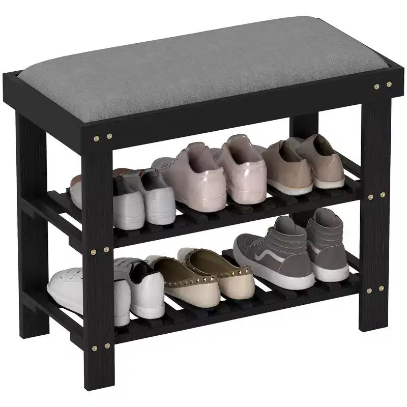 HOMCOM 3-Tier Bamboo Shoe Bench, Entryway Bench with Storage and Cushion, Shoe Organizer for Entryway, Hallway
