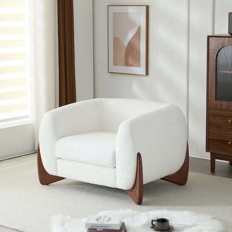 Modern Boucle Arm Chair - White Upholstered Club Chair, Pocket Spring Seat, Solid Wood Frame, 41.75L