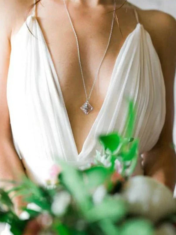 A-Line V Neck Straps Spaghetti Sheath Chiffon Wedding Dress