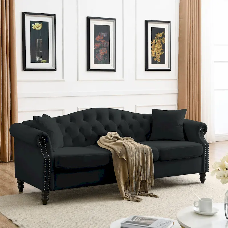 [Video] 79 Chesterfield Sofa Black Velvet for Living Room, 3 Seater Sofa Tufted Couch with Rolled Arms and Nailhead for Living