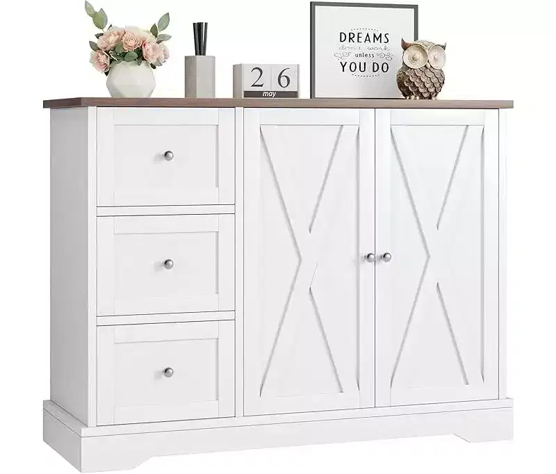 Sideboard Buffet Cabinet with Storage, 55 Kitchen Cabinet, 3 Drawers and 2 Doors, Coffee Bar Cabinet with Rubberwood Tabletop
