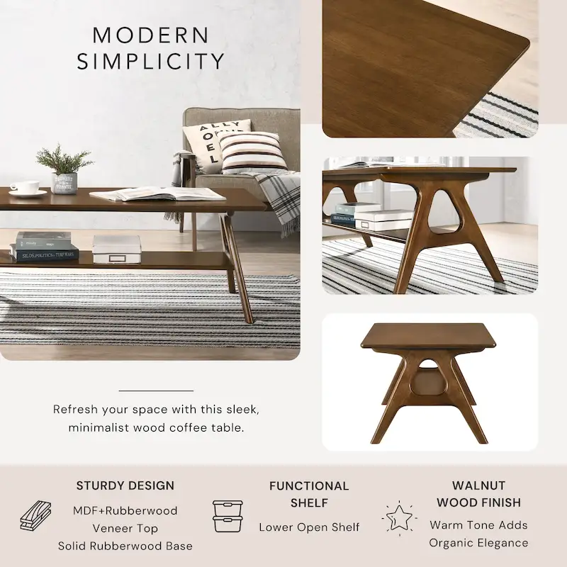 Roundhill Furniture Arona Mid-Century Modern Wood Coffee Table with Shelf