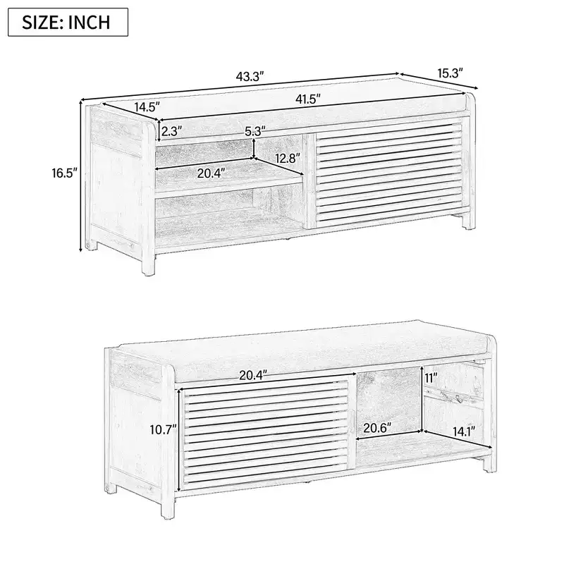 Shutter Storage Ottoman with Cushion, Entryway Shoe Bench for Living Room and Hallway Organization