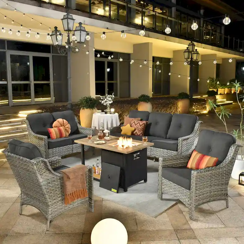 XIZZI 5-piece Patio Furniture Wicker Outdoor High Back Sofa Set with Fire Pit