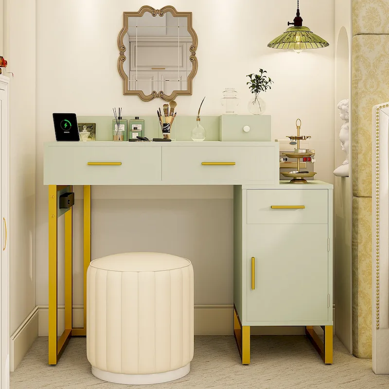 Reversible Makeup Vanity Desk With Charging Station and 4 Wooden Drawers and 1 Cabinet - N/A