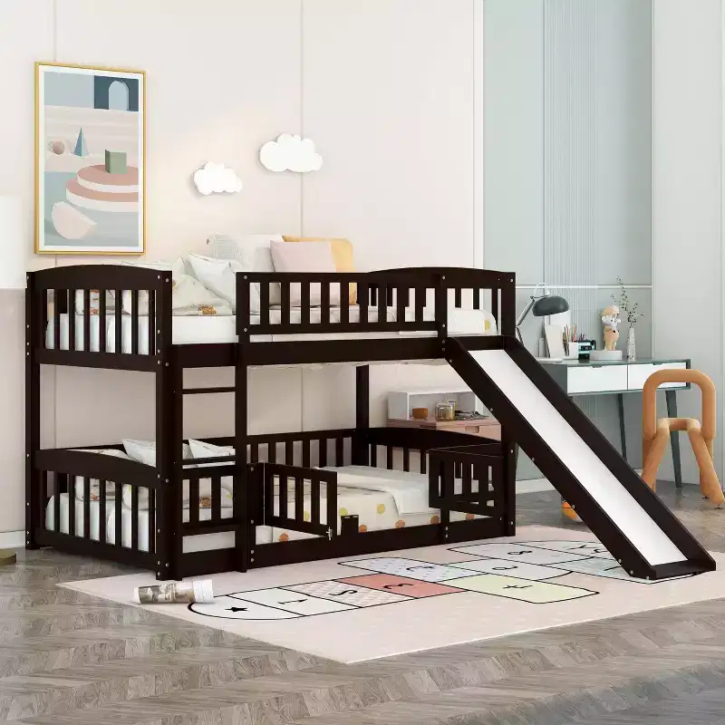 Bunk Bed with Slide,Twin Over Twin Low Bunk Bed with Fence and Ladder for Kids Teens White