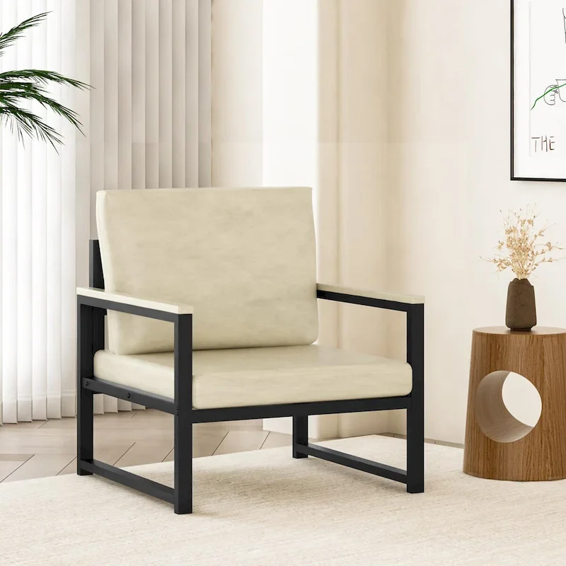 Brown/White Single Armchair, Modern PU Leather Lounge Chair for 1 Person