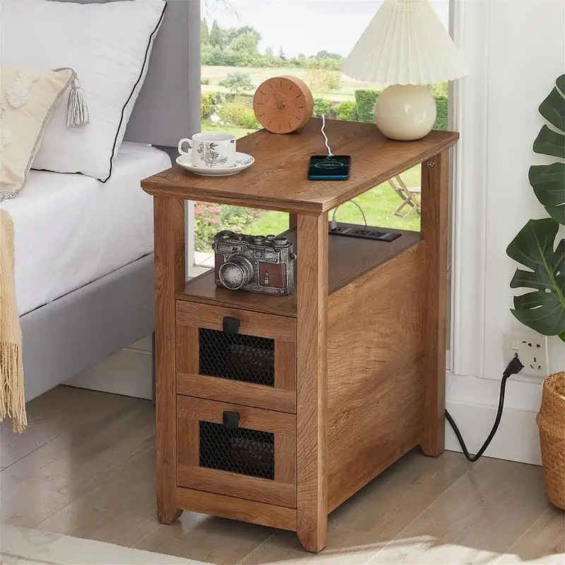 End Table with Charging Station – Log/Grey/Cherry/White, 2-Drawer, 2-Person Charging, Farmhouse Style