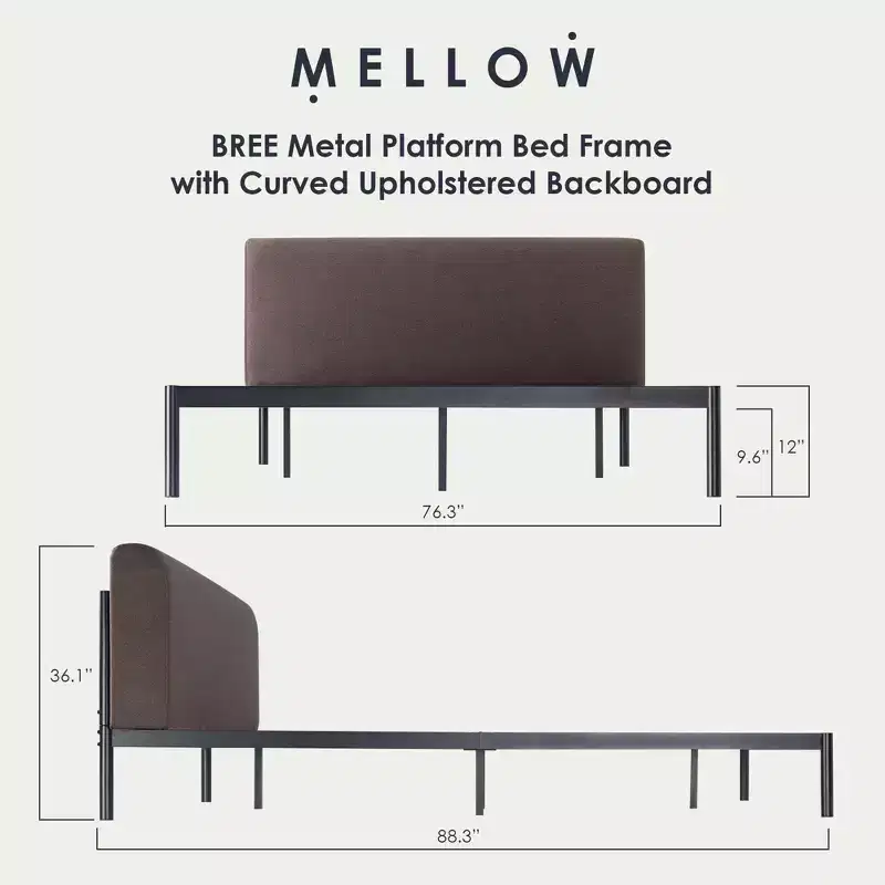 Mellow BREE Metal Platform Bed Frame with Curved Upholstered Backboard, King