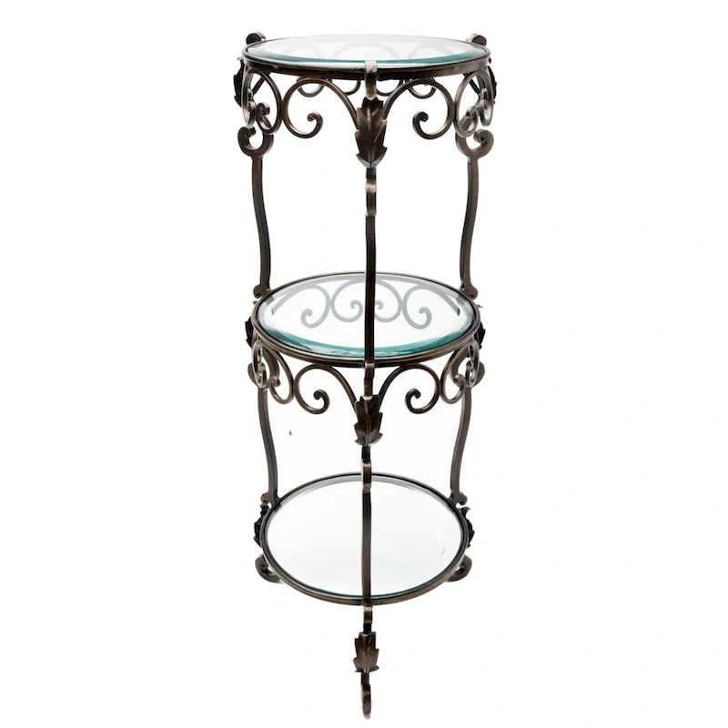 3 Tier Bronze Iron Acanthus Leaf Table with Beveled Glass - 12.5x12.5x34