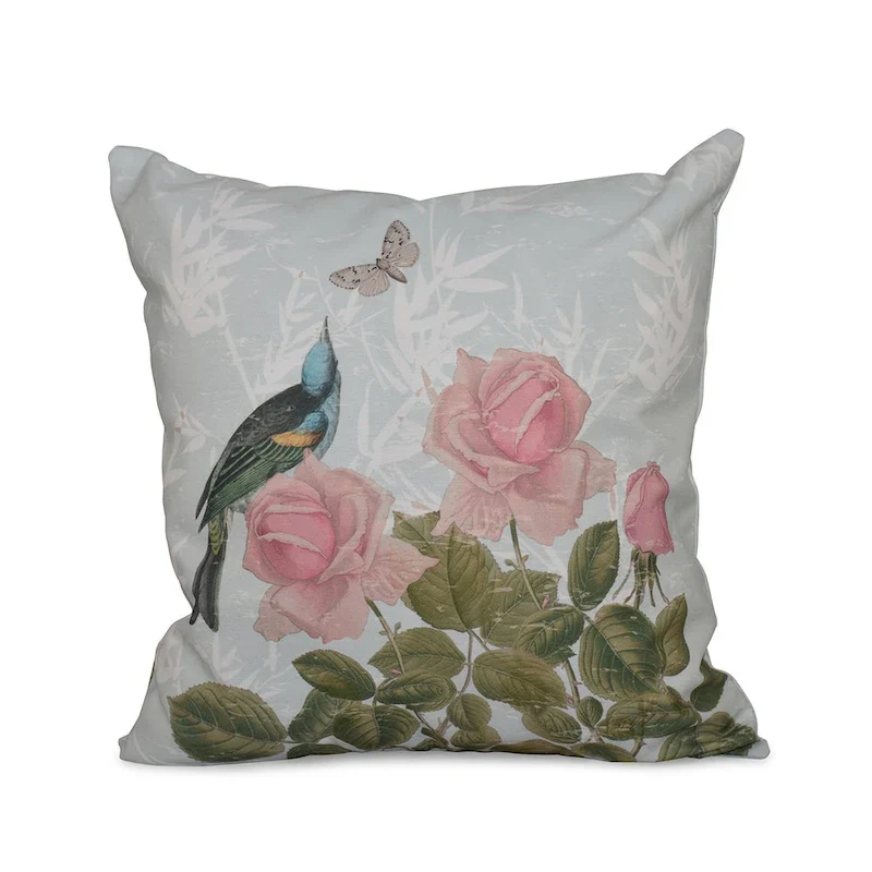 Asian Rose Floral Print 18-inch Throw Pillow