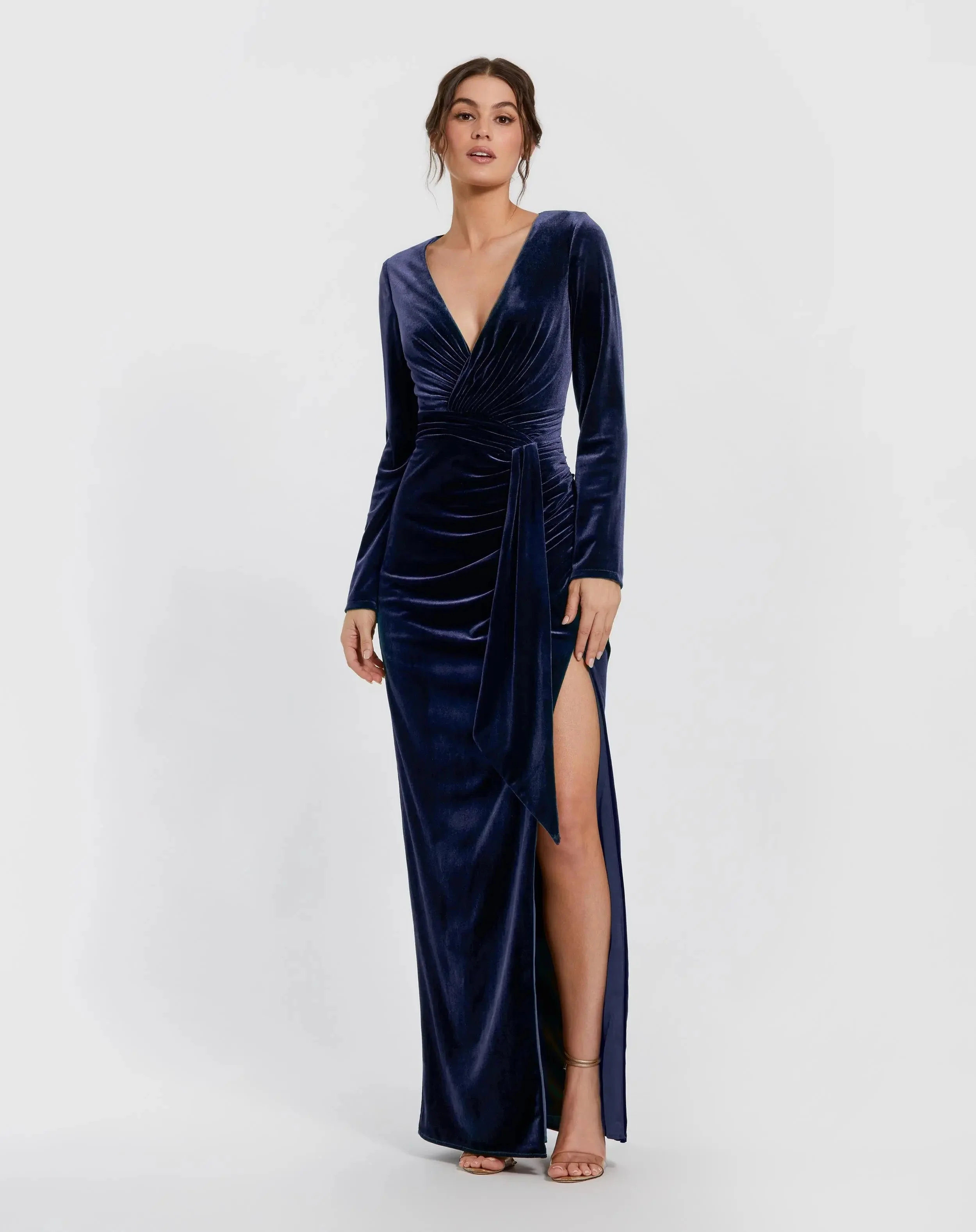 Dark Blue Ruched Velvet Column Evening Gown