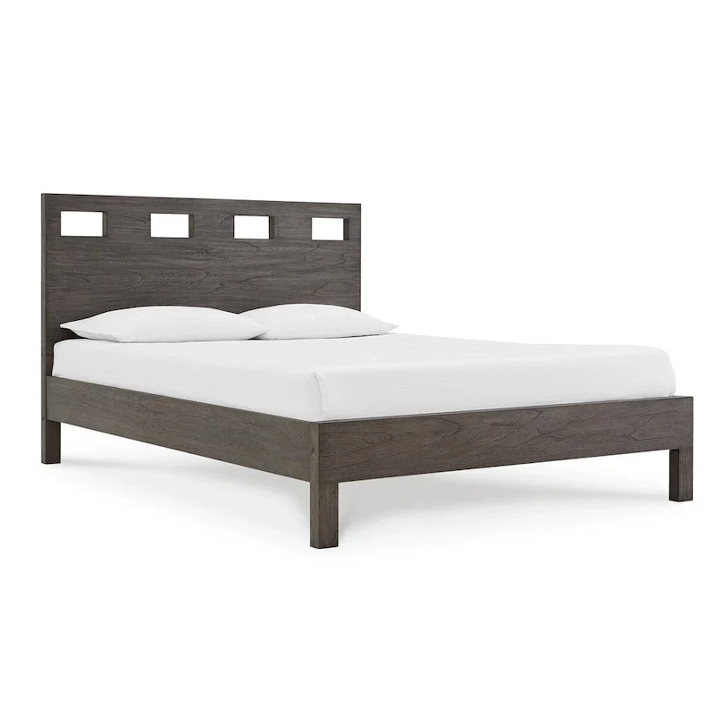 Yee Queen Bed, Gray Wood, 4 Side Drawers, Cut Out Headboard Design