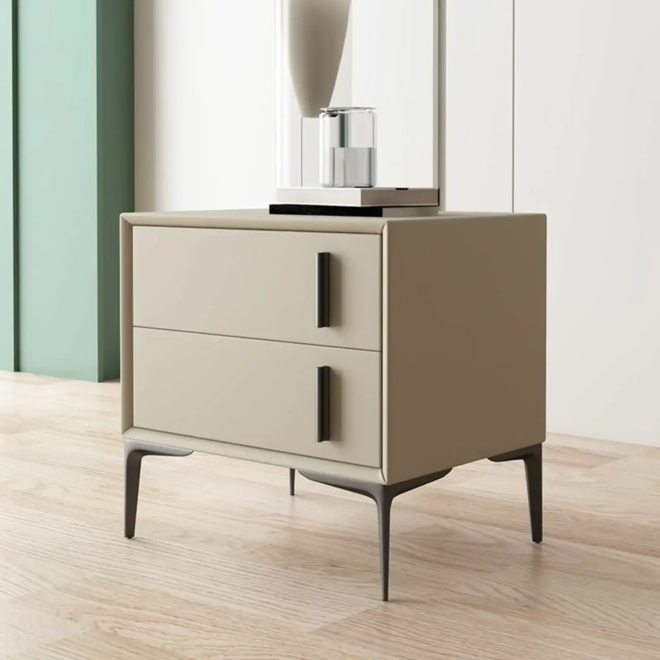 Modern Apricot Faux Leather Wood 2-Drawer Nightstand