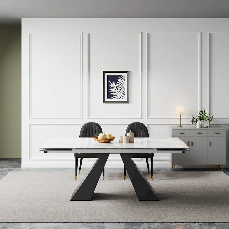 9 - Piece 110.24 Extendable Sintered Stone Dining Table and 8 Leather Chairs Dining Set