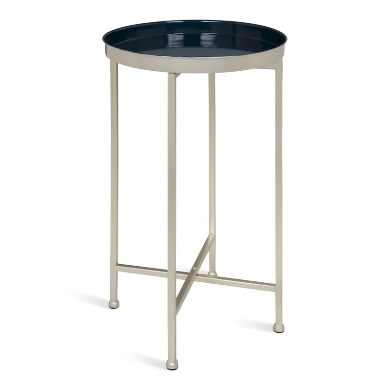 Navy Blue Silver Base Round Foldable Tray Side Table