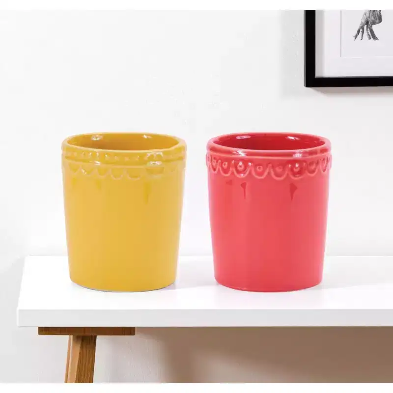 HomeRoots Set of Two Pink And Yellow Ceramic Rectangular Cachepots