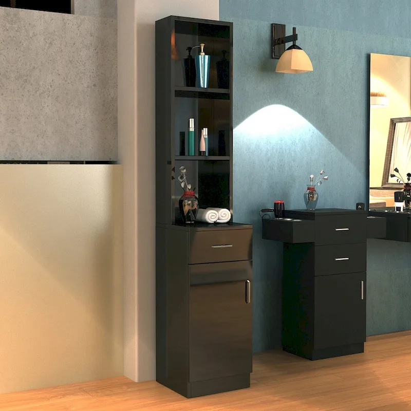 Standing 5 Compartments 1 Drawer 1 Door MDF Barber Cabinet Black