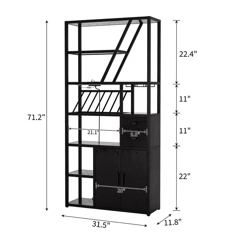 71 Tall Wine Bar Cabinet with LED Light, Industrial Wine Rack with Glass Holder, Coffee Bar Liquor Cabinet w/Doors, Microwave Stand Bakers Rack