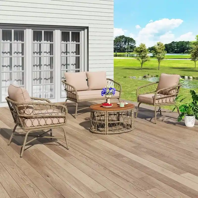 4 Pieces Outdoor Patio Conversation Set W/Removable Cushions,Wood Tabletop