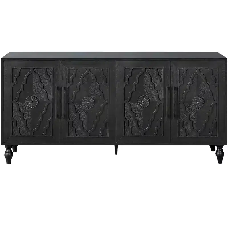 HomeRoots 68 Black Distressed Carved Floral Sideboard with Four Doors