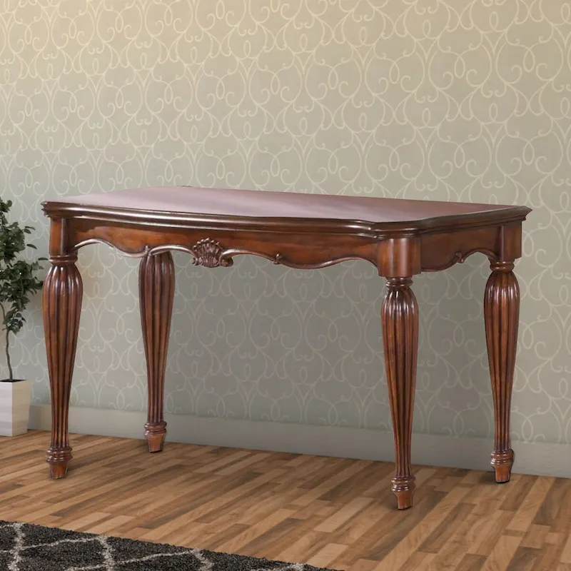 Wooden Sofa Table with Carved Details, Cherry Brown