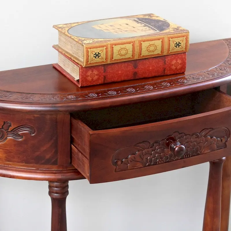 Walnut Hand-Carved Solid Hardwood Half-Moon Hall Table with 2 Shelves - Single Use