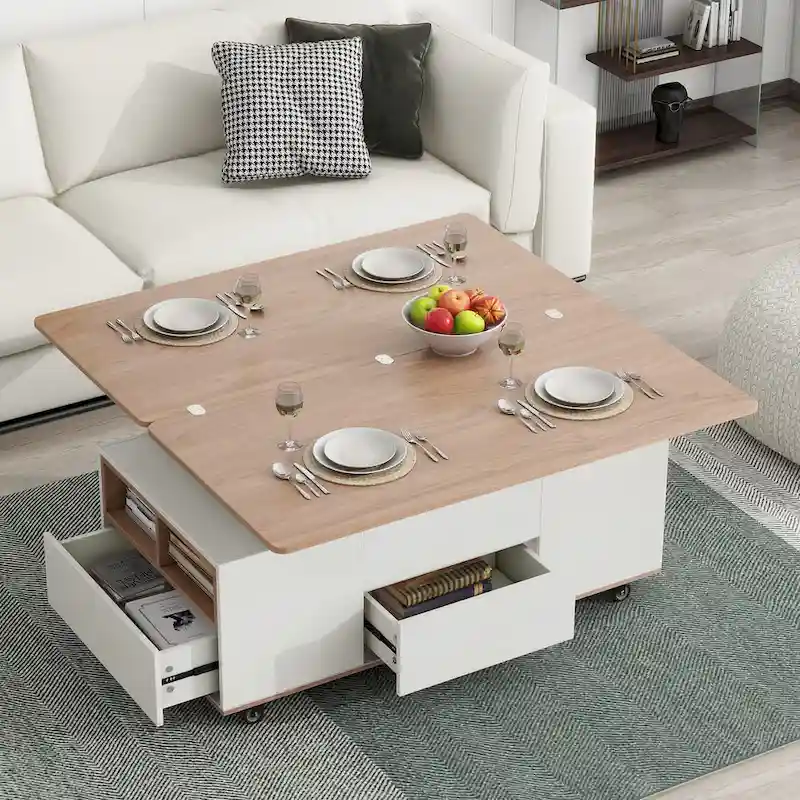 Brown / White Lift-Top Coffee Table with Storage, for 1–2 Users