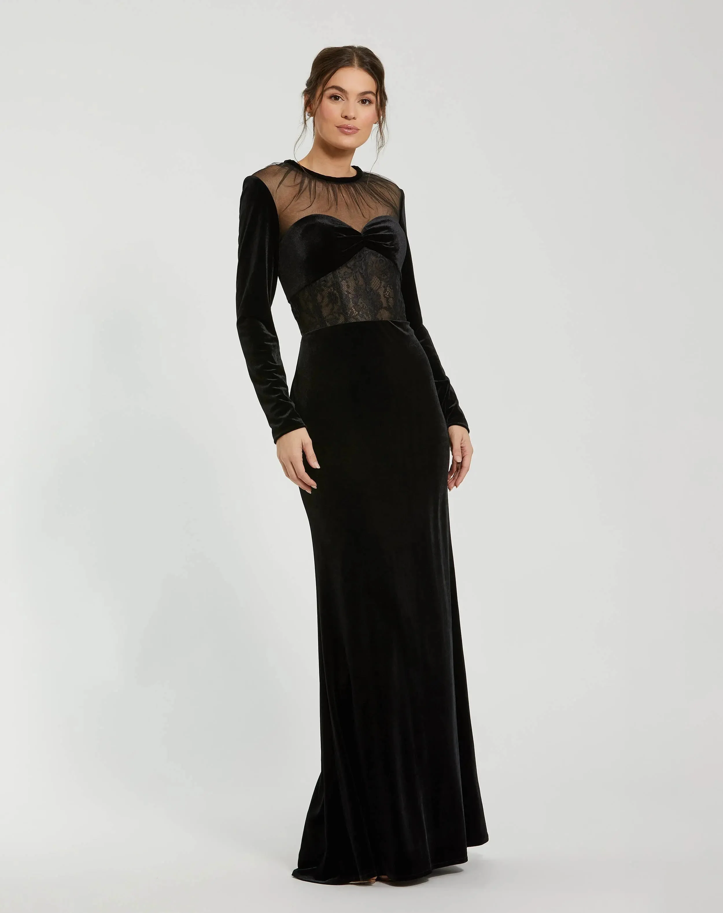Black Long Sleeve Sheer Top Lace Bustier Velvet Gown