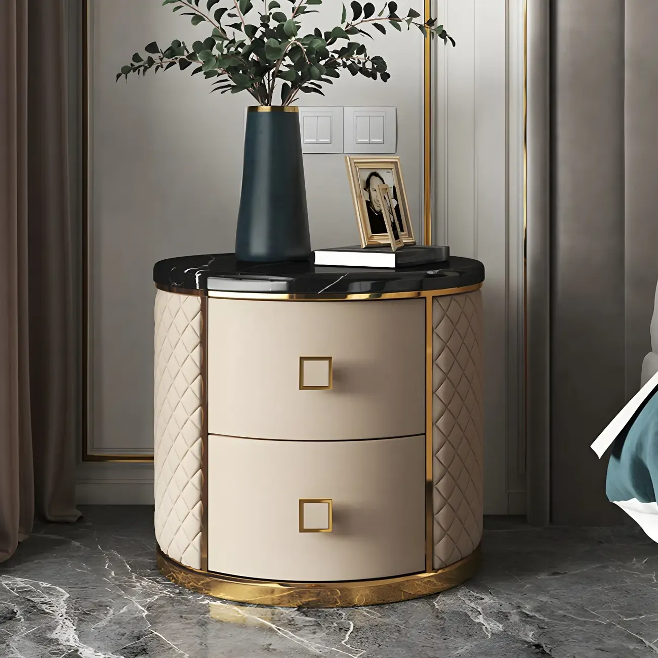 Glam Round Leather Nightstand with Marble Countertop 2 Drawers
