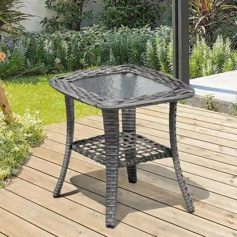 XIZZI Patio Wicker Side Table with Toughened Glass Top