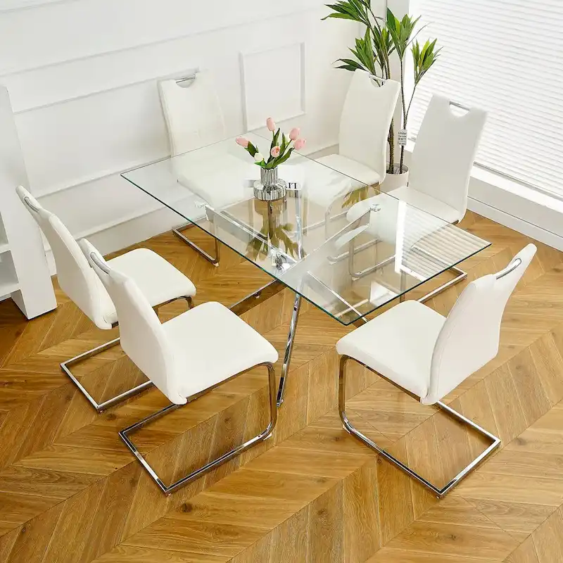 Set of 6,Dining Chairs with Faux Leather Padded Seat Upholstered with Chrome Metal Legs Side Chairs
