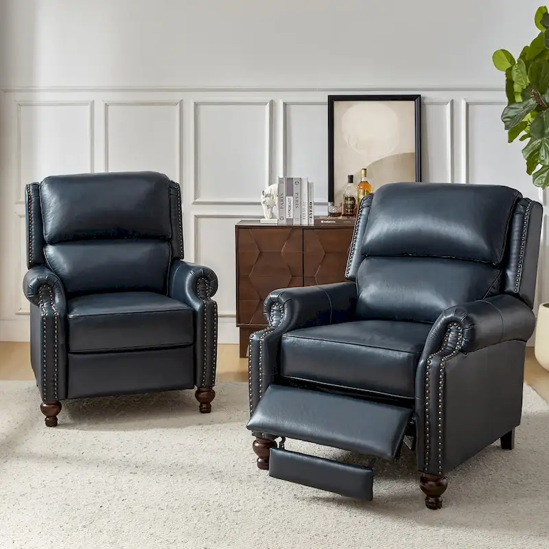 Gabriela Mid-Century Modern Genuine Leather Recliner Nail Head Trim Set of 2 by HULALA HOME