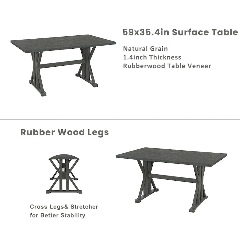 6-Piece Farmhouse Dining Table Set with 4 Upholstered Chairs and Bench