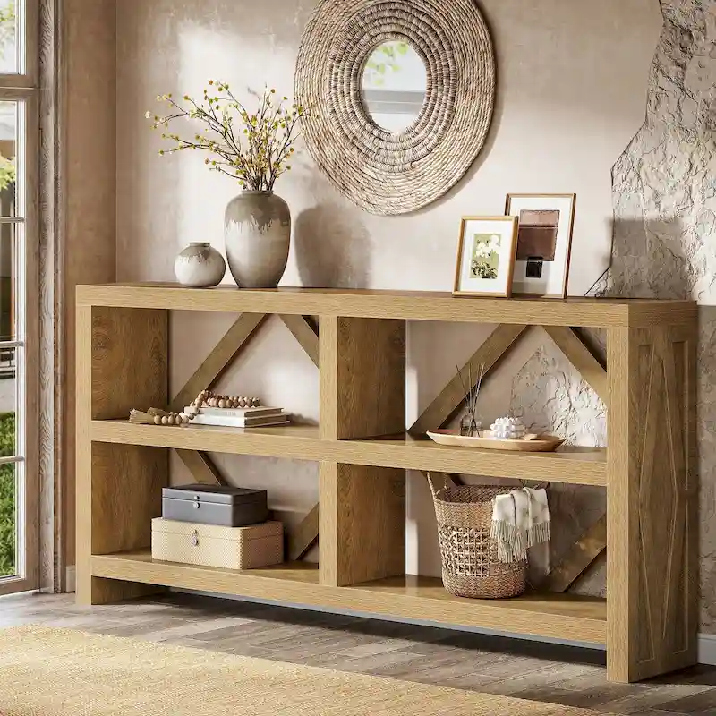 Brown Industrial 3-Tier Engineered Wood Console Sofa Table – 71 Inch