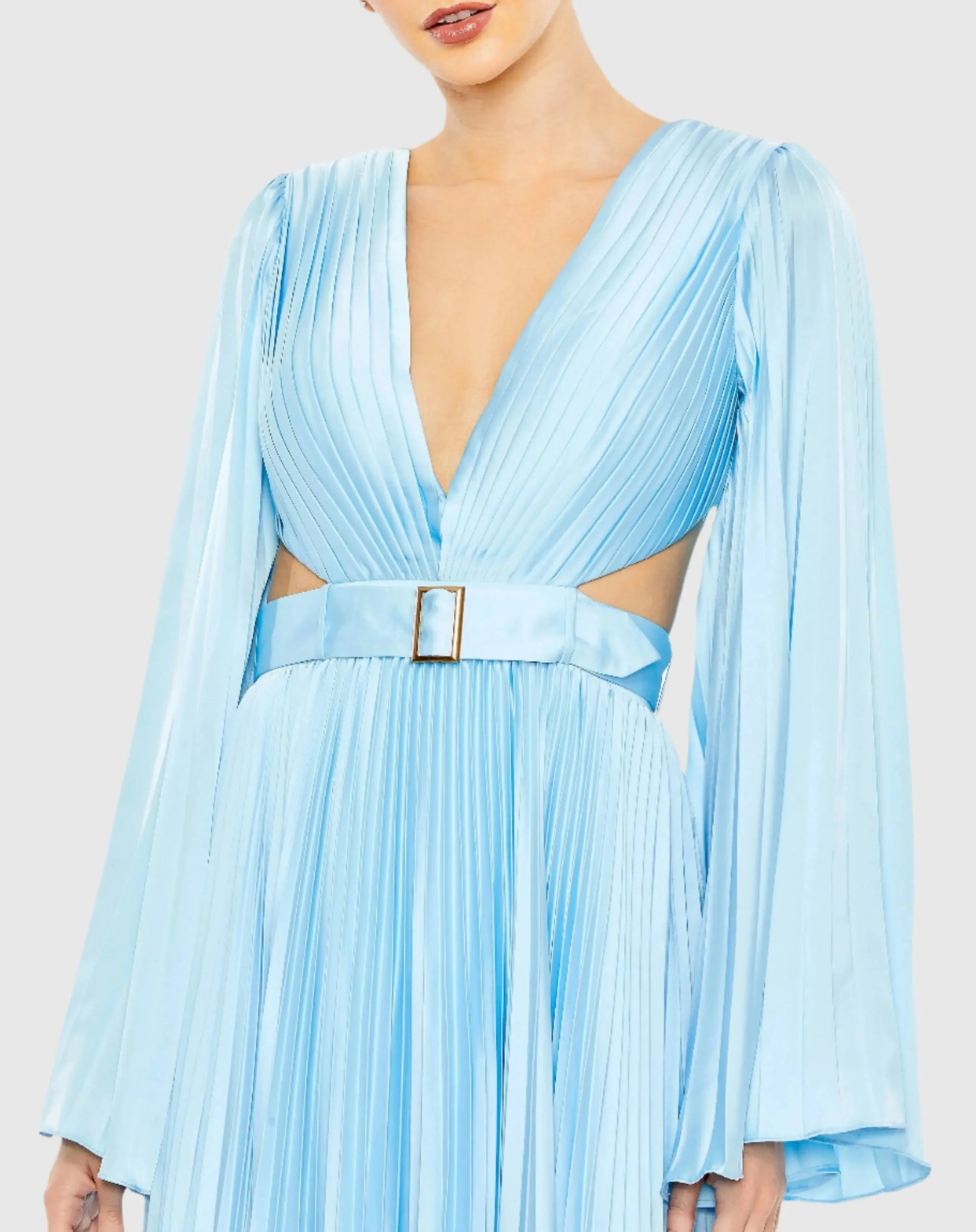 Blue Long Sleeve  Lace up Back Charmeuse Gown - FINAL SALE