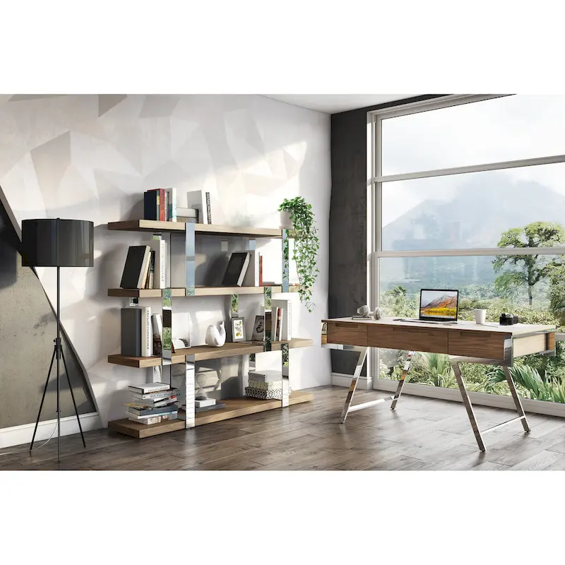 Brewer Modern Walnut Glass & Stainless Steel Bookshelf