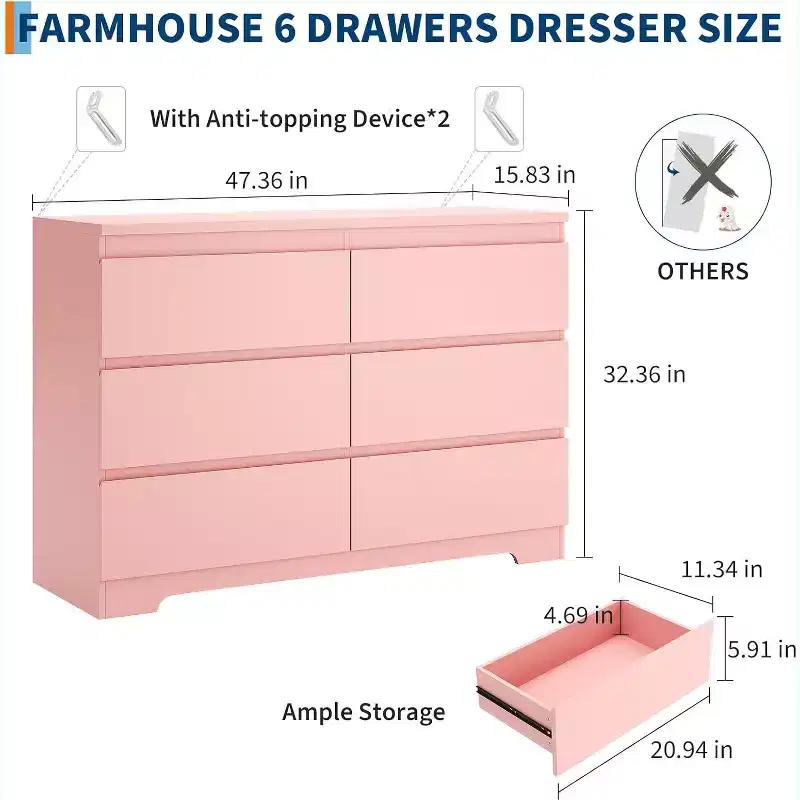 COZONY Modern 6-Drawer Dresser, Contemporary Wood Storage Cabinet, Double Dresser Chest for Bedroom Living Room Entryway