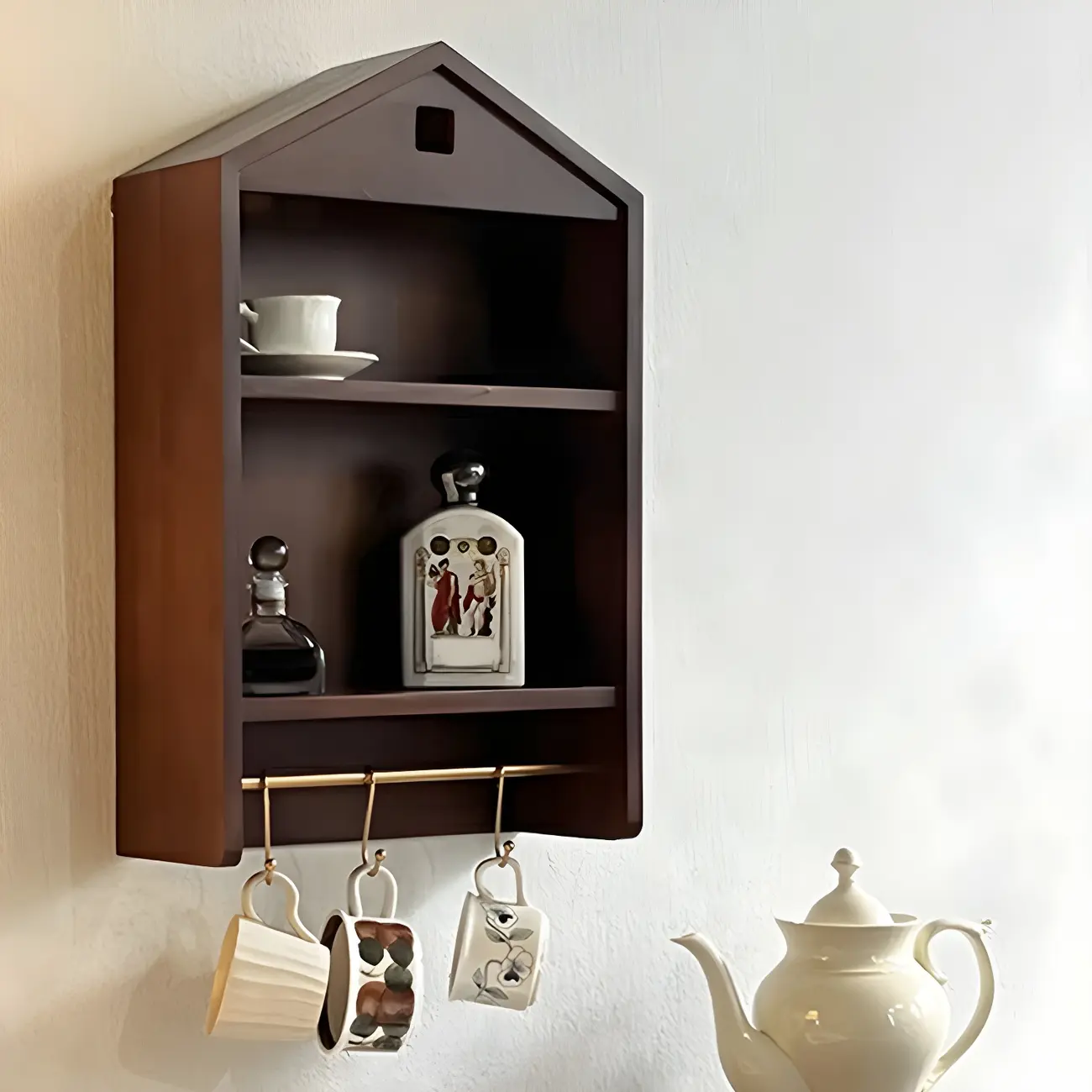 Classicial House-shaped 2 Shelves Floating Wood Display Cabinet
