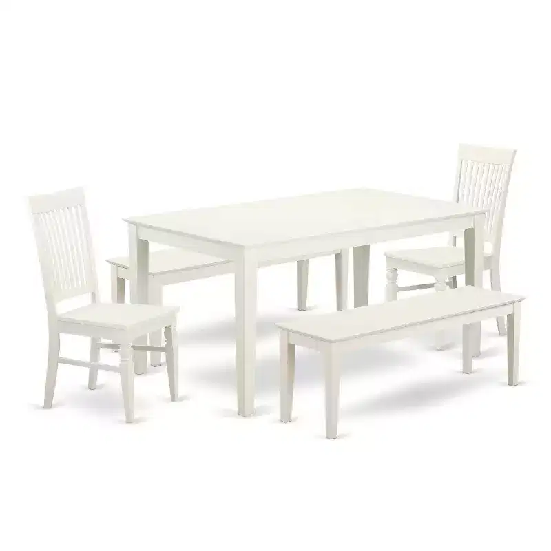 HomeStock 5-Piece Rectangle Linen White Finish Solid Wood Top Dining Table with 2 Benches, 2 Chairs