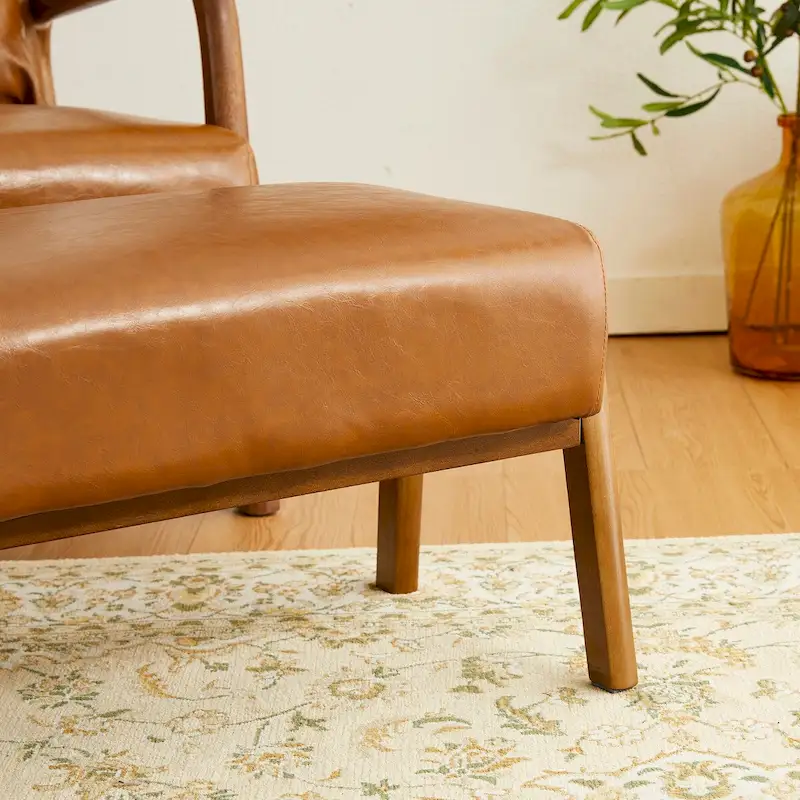 Brown Mid-Century Faux Leather Ottoman Accent Stool, Set of 2