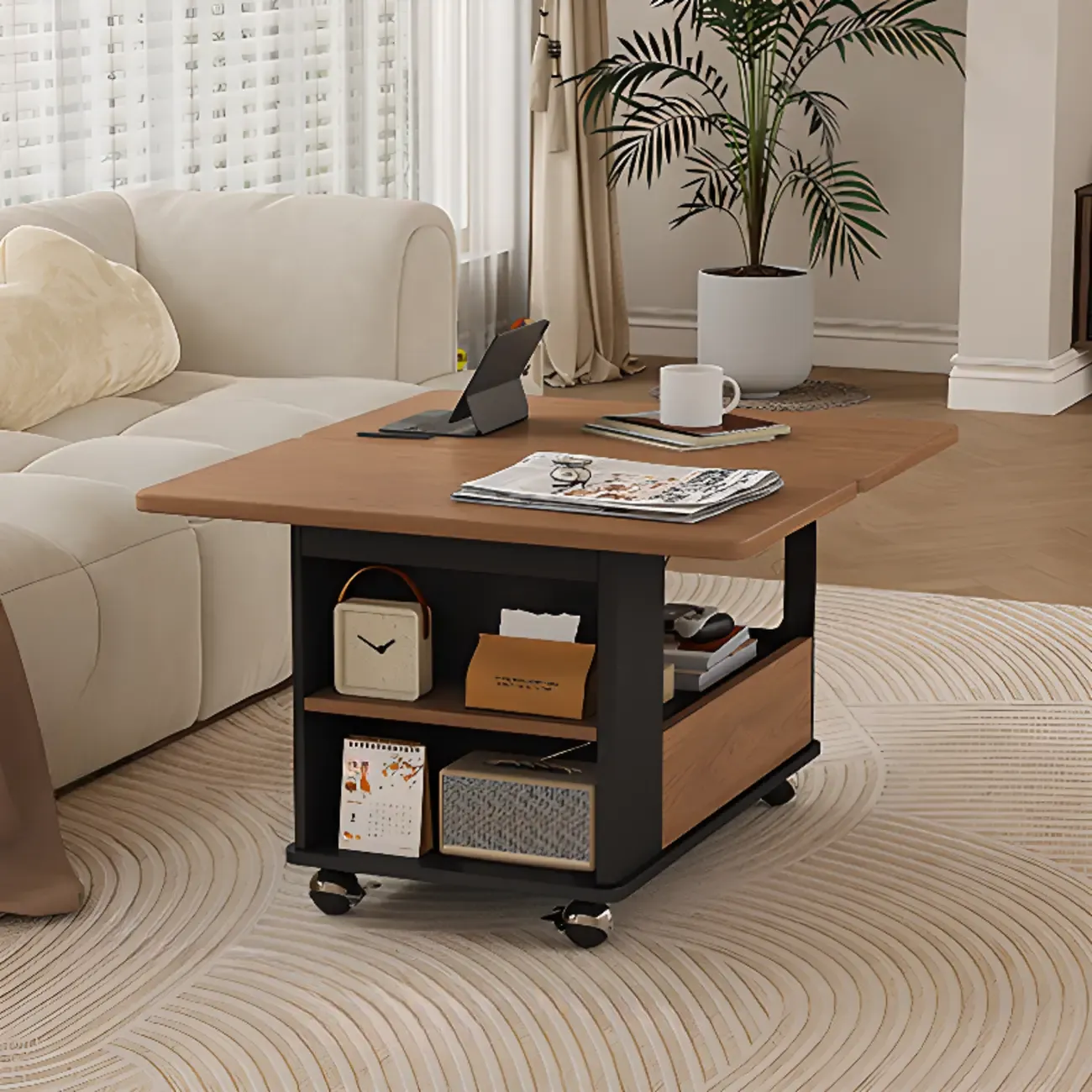 Adjustable Tabletop Modern Wood Side Table with Wheels
