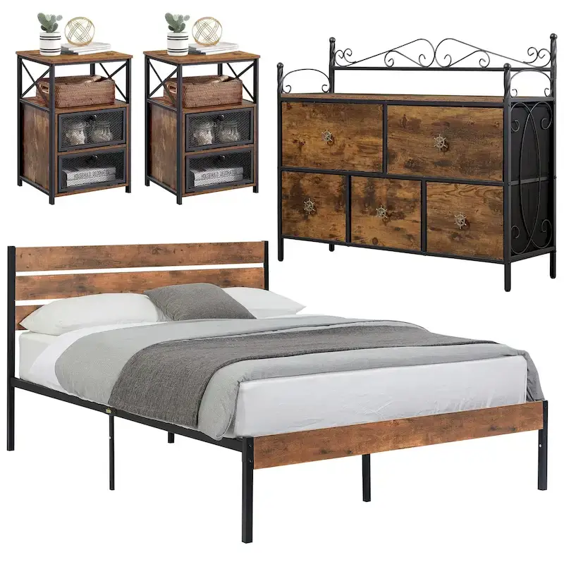 4-Pieces Bedroom Set with Drawer and Nightstands Set of 2, 5-Drawer Dresser, Brown/Grey Set