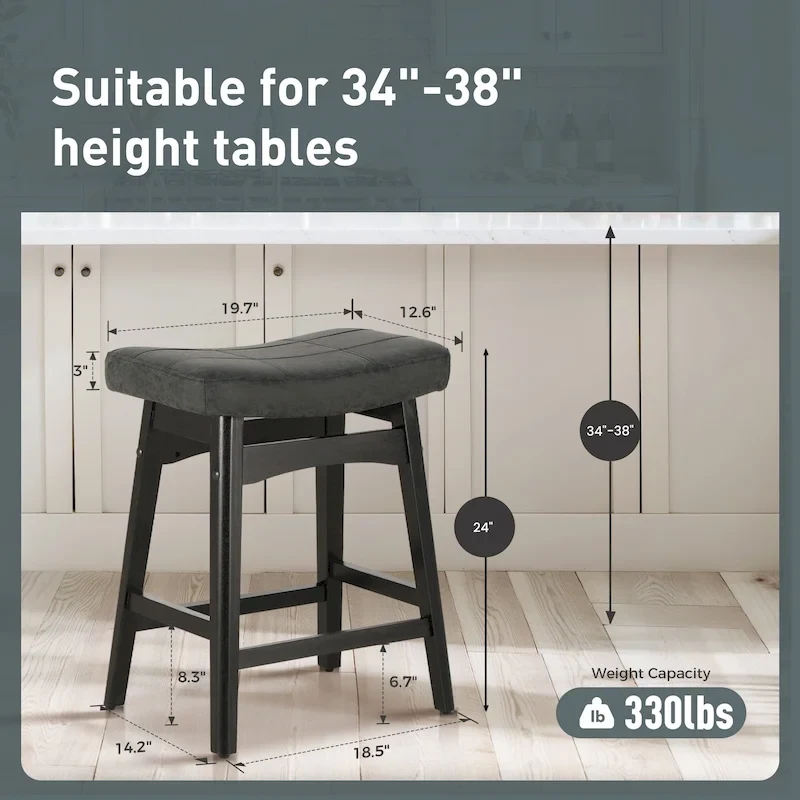 24 Inch Solid Wood Barstools with Linen / PU Leather Fabric Cushion, Set of 2