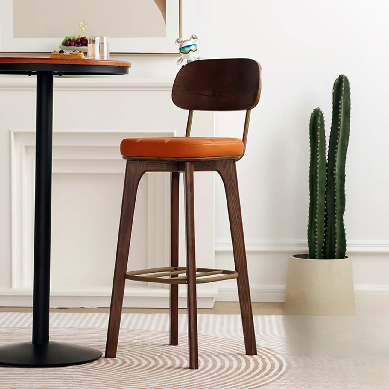 Wooden Square Leather Upholstered Bar Stool with Backrest