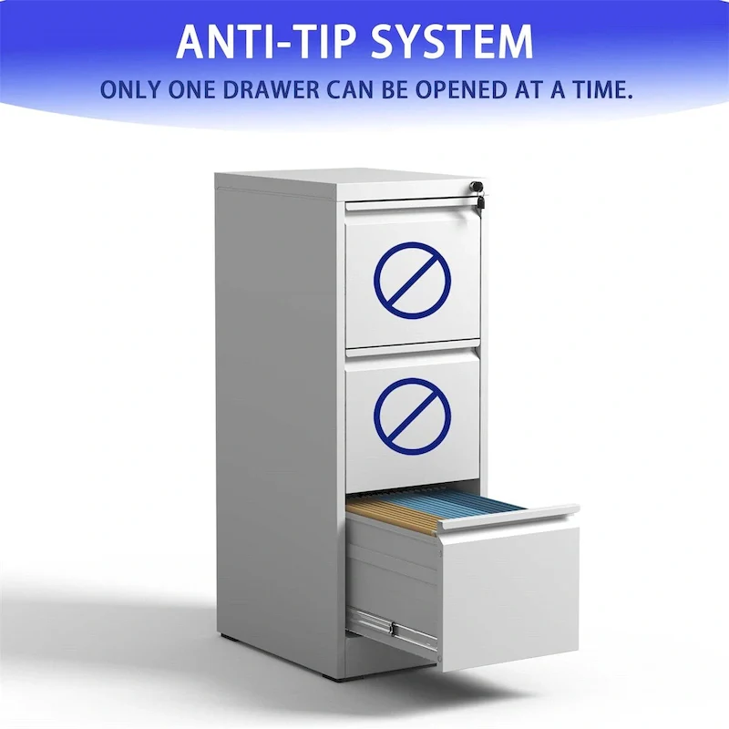 White / Black 3-Drawer Vertical Steel File Cabinet with Lock, Full-Extension Drawers & Anti-Tilt Design