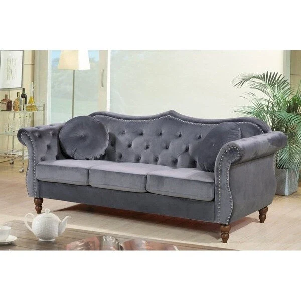 Crushed Velvet Chesterfield Sofa with Nailhead Trim – Blue / Grey / Ivory / Green, Button-Tufted, Seats 3